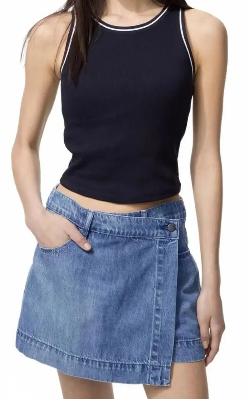 Uniqlo Drapey Denim Skort Wrap Skirt Light Blue Jean Cotton Mini Womens Large